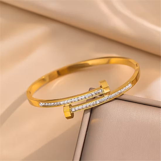 Gold Plated Titanium 316L Stainless Steel Cubic Zirconia Zircon Carti Bangle Bracelet